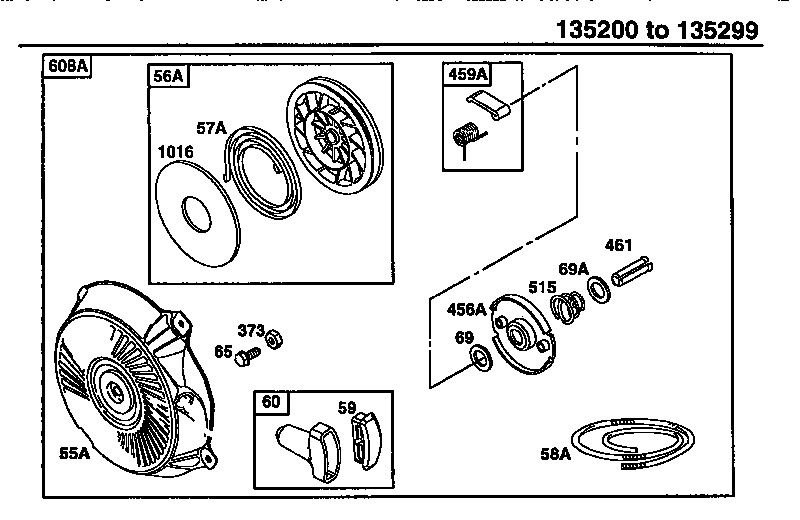 Rewind Starter 2 Diagram and Parts List for 135200-135299 0001-0013 Briggs and Stratton Engine